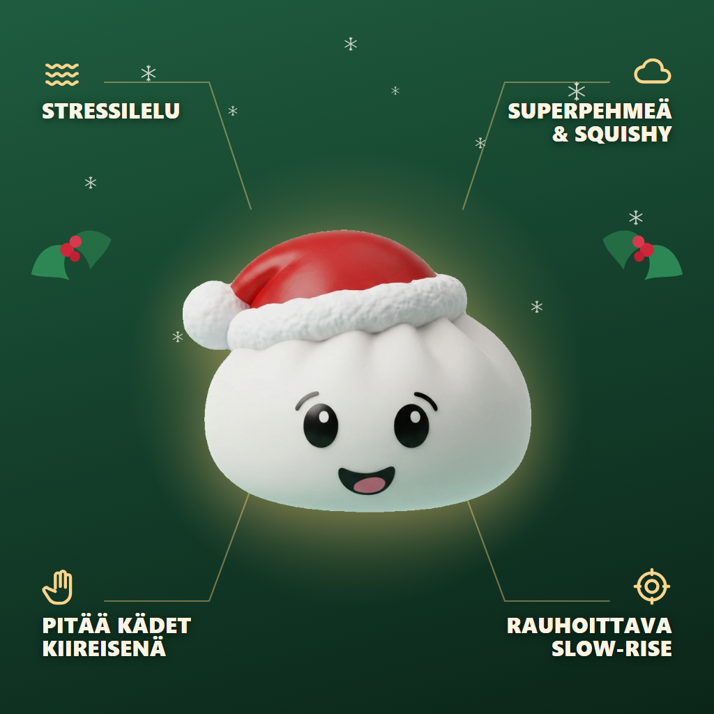 Jouluhattu Dumpling Squishy Valkoinen infografiikka: tärkeimmät edut
