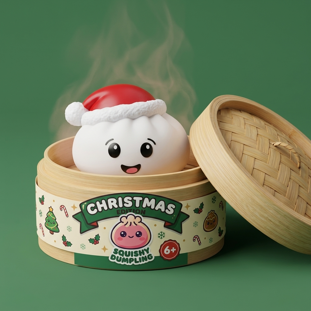 Jouluhattu Dumpling Squishy Valkoinen bambutyylisessä höyrytyskorissa