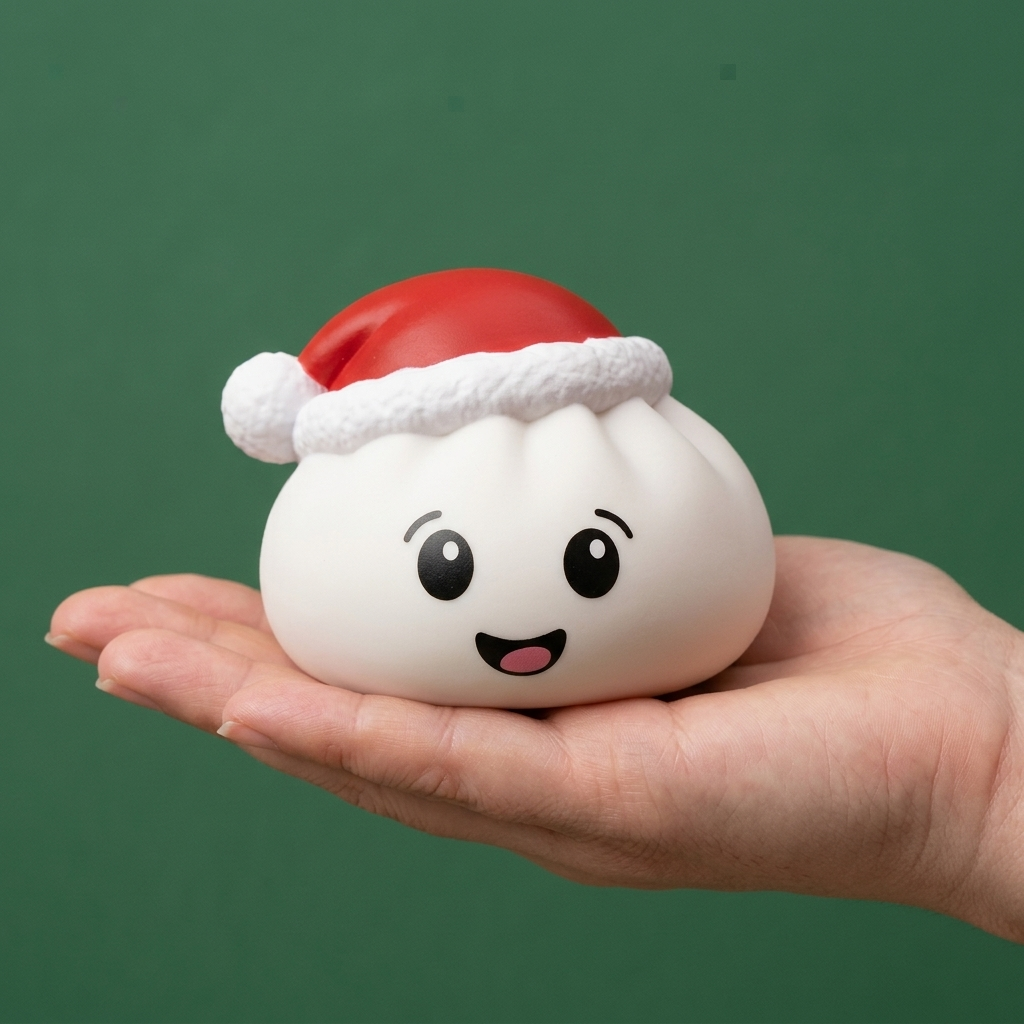 Jouluhattu Dumpling Squishy Valkoinen kädessä — kokovertailu