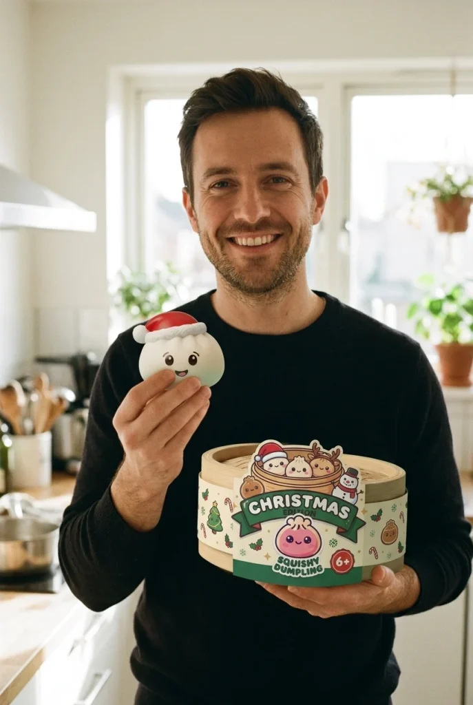 Jouluhattu Dumpling Squishy Valkoinen pakkauksensa kanssa