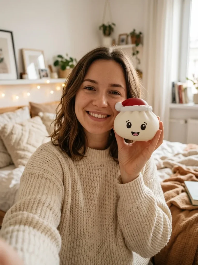 Jouluhattu Dumpling Squishy Valkoinen arjen keskellä