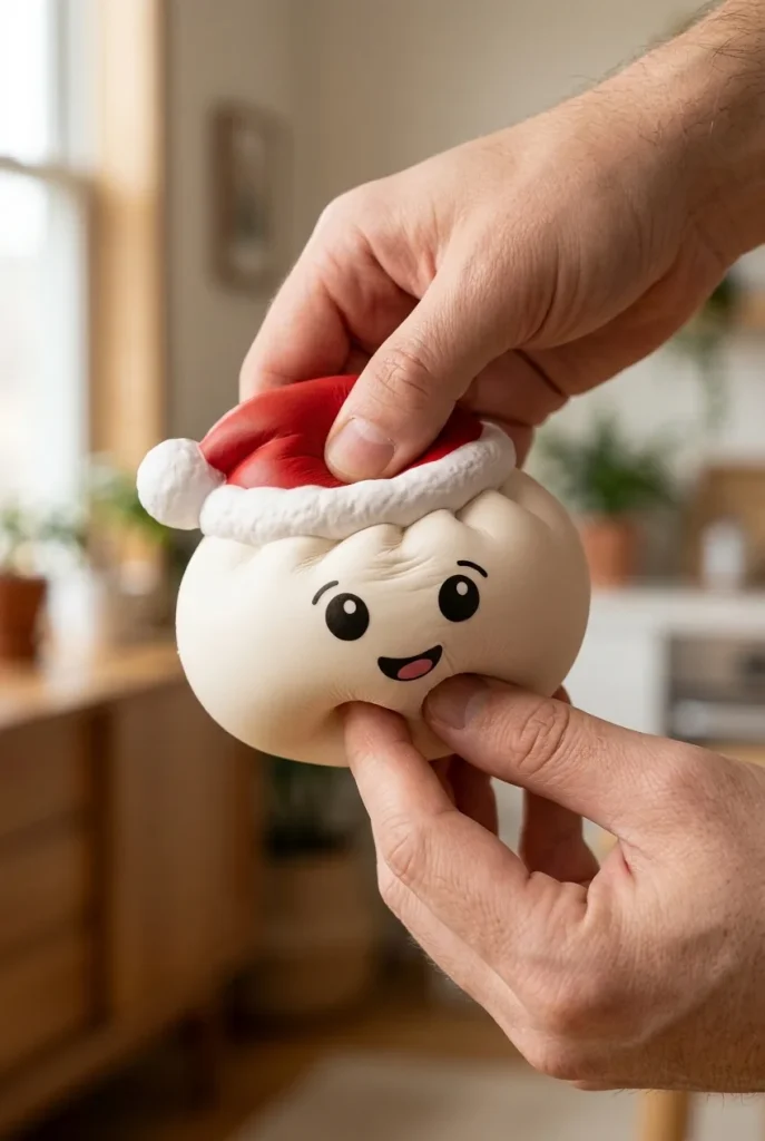 Jouluhattu Dumpling Squishy Valkoinen puristuksessa