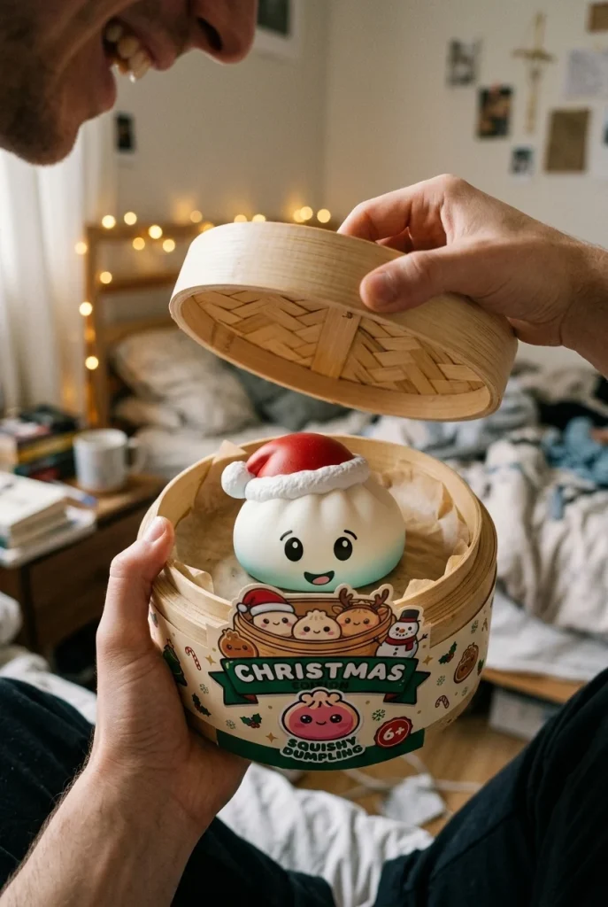 Jouluhattu Dumpling Squishy Valkoinen avauksen hetkellä