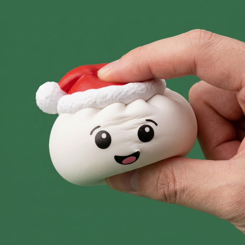 Jouluhattu Dumpling Squishy Valkoinen puristettuna kädessä