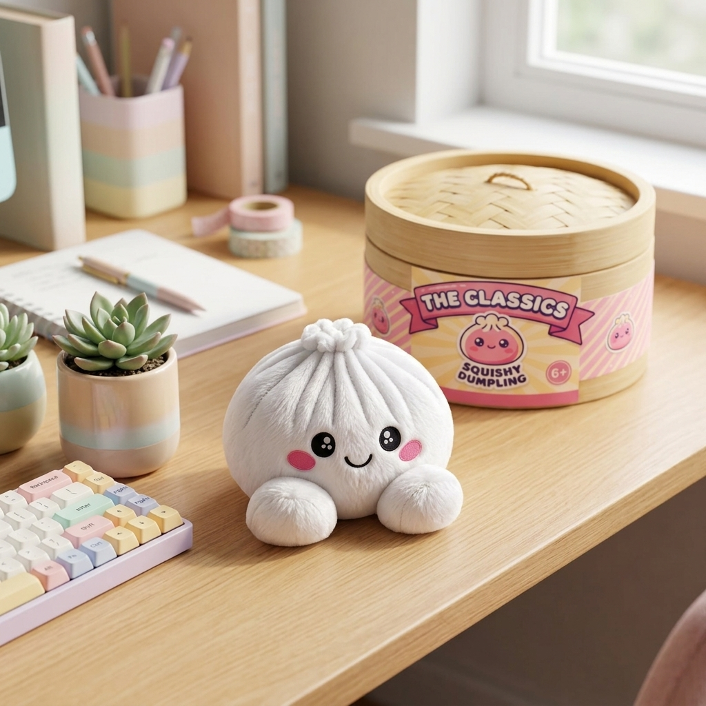 Vaahtokarkki Squishy Dumpling Pehmolelu Valkoinen arkisessa asetelmassa