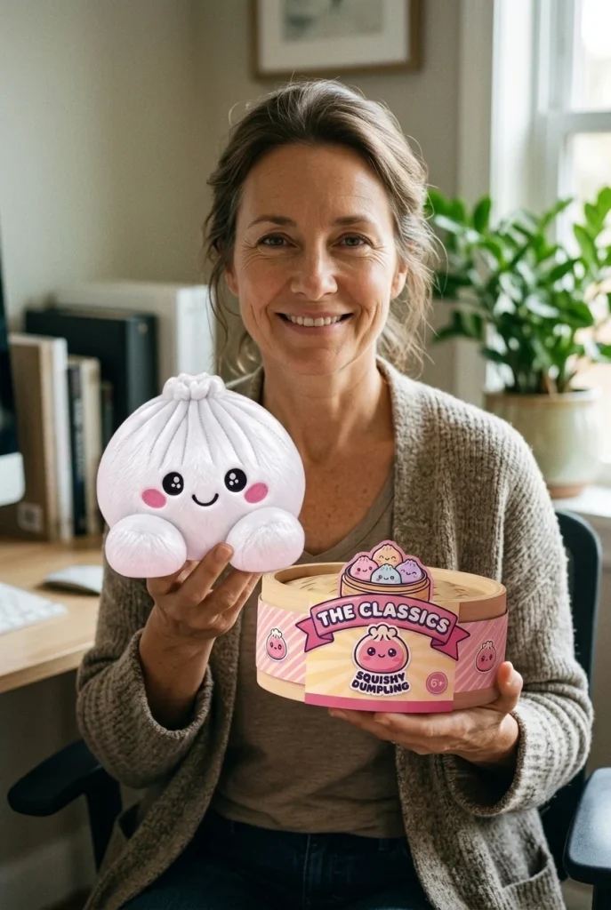 Vaahtokarkki Squishy Dumpling Pehmolelu Valkoinen pakkauksensa kanssa