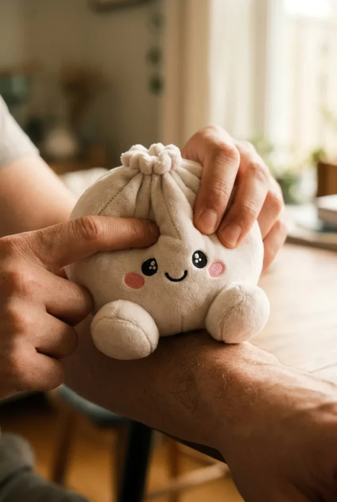 Vaahtokarkki Squishy Dumpling Pehmolelu Valkoinen puristuksessa