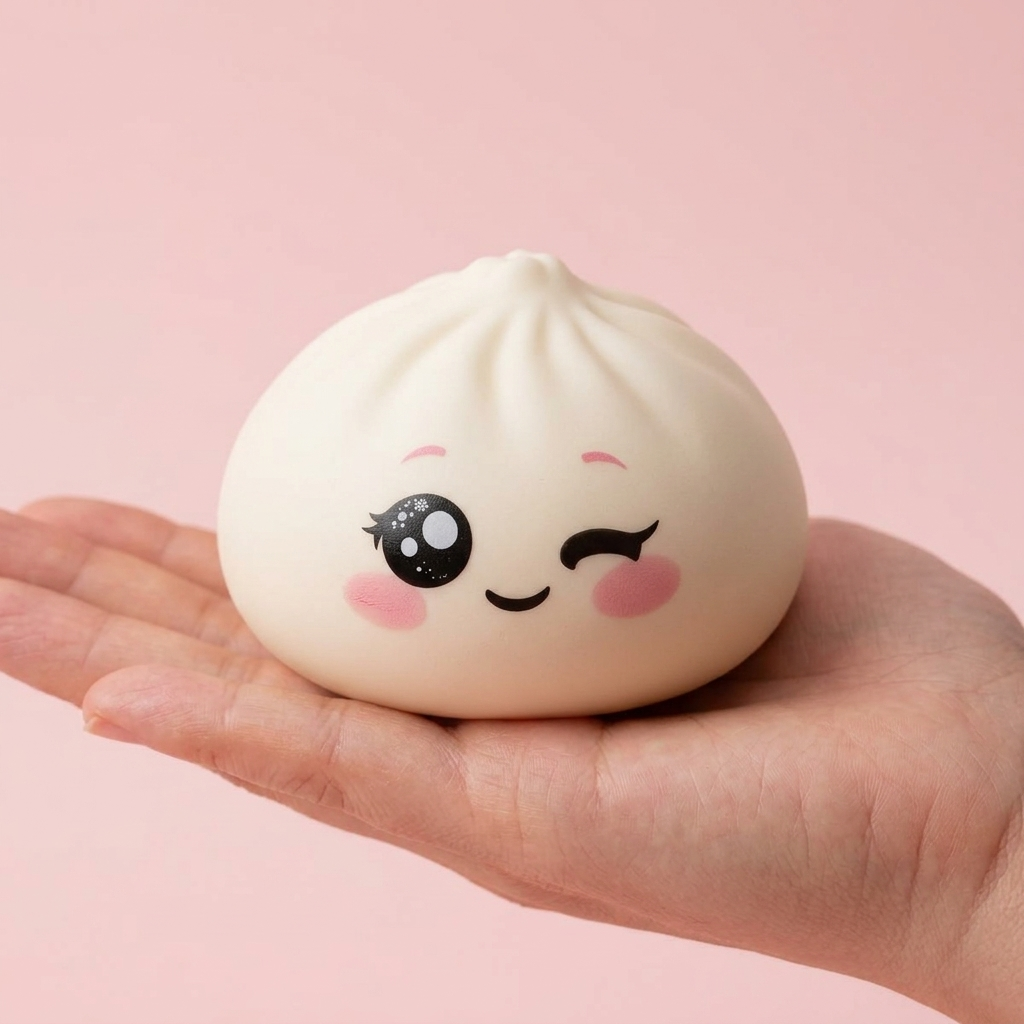 Dumpling Squishy Valkoinen Silmänisku kädessä — kokovertailu
