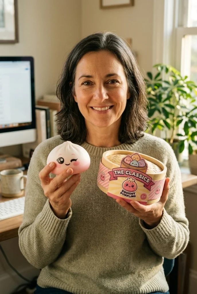 Dumpling Squishy Valkoinen Silmänisku pakkauksensa kanssa
