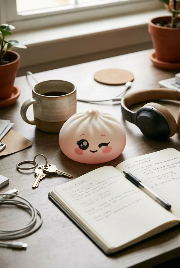 Dumpling Squishy Valkoinen Silmänisku työpöydällä