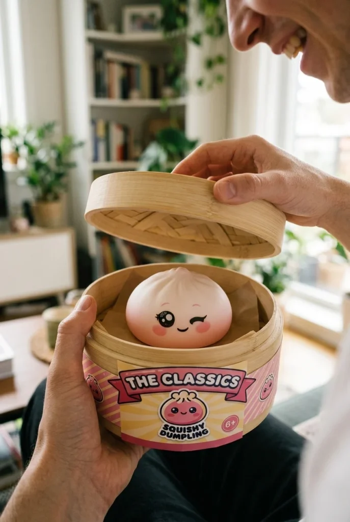 Dumpling Squishy Valkoinen Silmänisku avauksen hetkellä