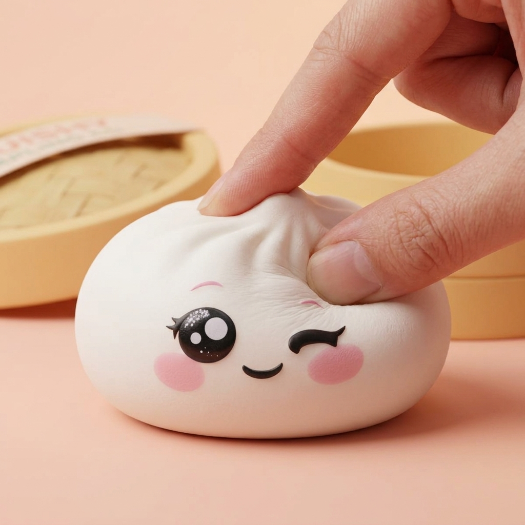 Dumpling Squishy Valkoinen Silmänisku puristettuna kädessä