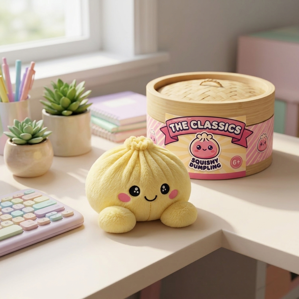 Dumpling Squishy Sitruunankeltainen arkisessa asetelmassa