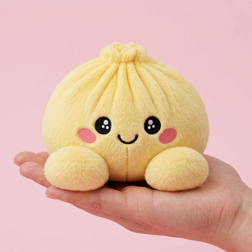 Dumpling Squishy Sitruunankeltainen kädessä — kokovertailu