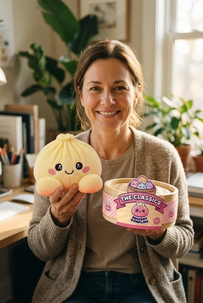Dumpling Squishy Sitruunankeltainen pakkauksensa kanssa